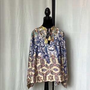 NWT Kyla Seo Anthropologie Boho Peasant Silk Blend Top with Tassels
